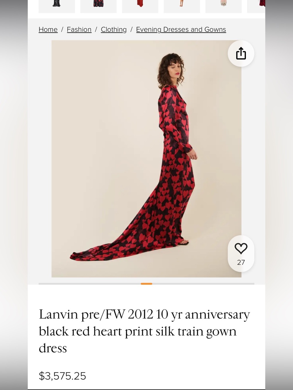 Lanvin Black & Red Heart-Print Silk Maxi Gown